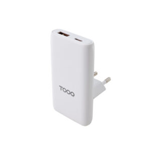 TooQ Cargador de viaje Tipo C y Tipo A, GaN 65W, USB-C/PD + USB-A/QC, Blanco