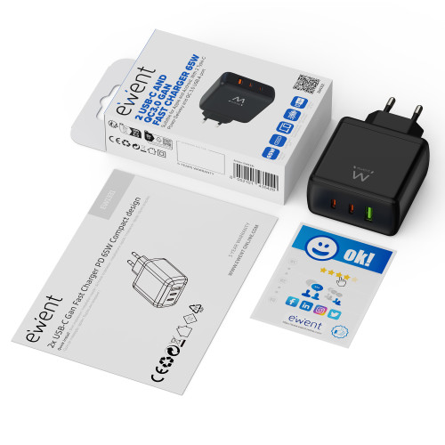 (ABM) EWENT CARGADOR GAN FAST DE 65W, 3 PUERTOS (2 USB-C - Imagen 3